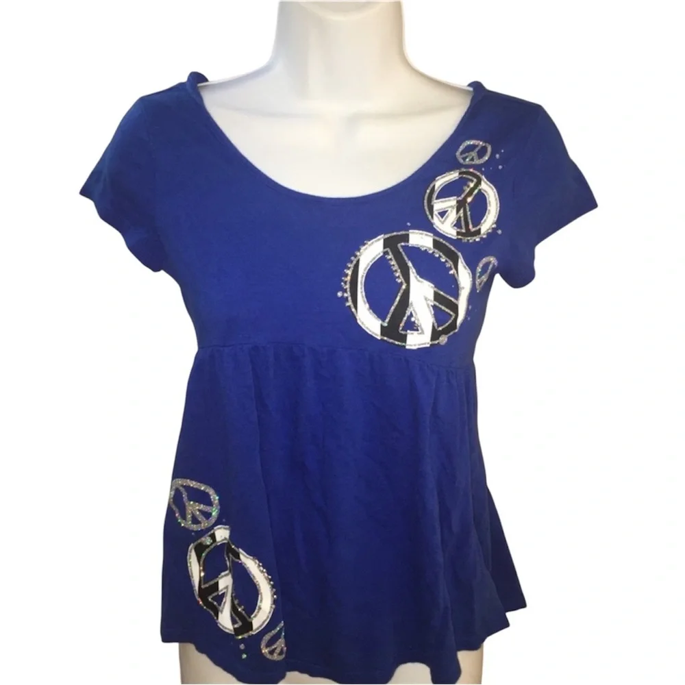 EUC Justice girls Sz 14 peplum style short sleeve top peace.